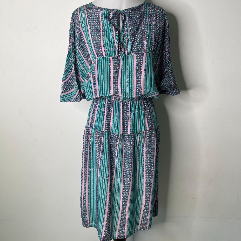 Tucker Women's Green Pink Geometric Print Blouson Silk Midi Dress Size Small